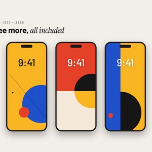 May include: Three smartphone screens displaying digital wallpapers with geometric patterns in yellow, blue, red, black, and off-white. Each screen shows the time 9:41. The text "PHONE 1320 x 2868" and "Three more, all included" appear above.