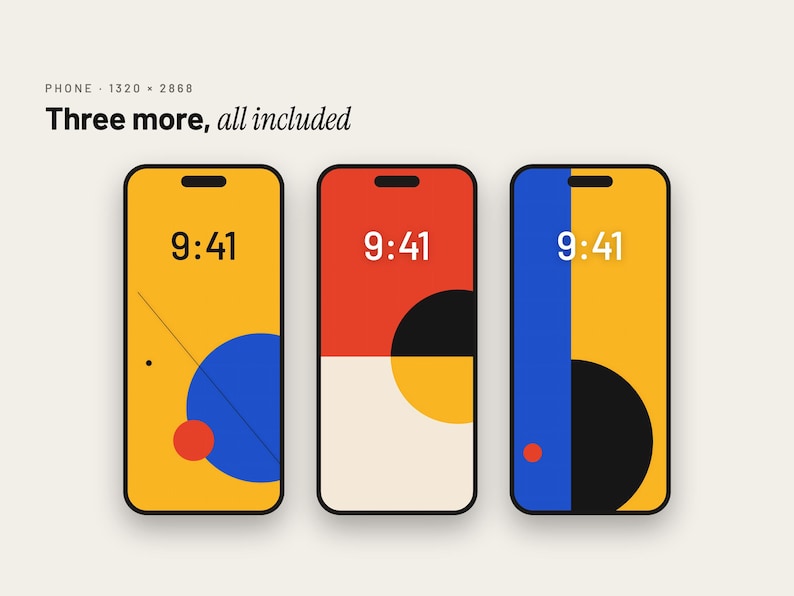 May include: Three smartphone screens displaying digital wallpapers with geometric patterns in yellow, blue, red, black, and off-white. Each screen shows the time 9:41. The text "PHONE 1320 x 2868" and "Three more, all included" appear above.