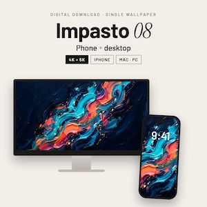 May include: A digital wallpaper set titled Impasto 08, featuring a computer monitor and a smartphone displaying an abstract painting with swirling strokes of vibrant blue, turquoise, orange, and red colors against a dark background.