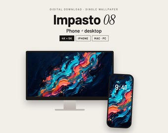 May include: A digital wallpaper set titled Impasto 08, featuring a computer monitor and a smartphone displaying an abstract painting with swirling strokes of vibrant blue, turquoise, orange, and red colors against a dark background.