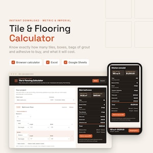 May include: A digital Tile & Flooring Calculator tool displayed on a computer screen and a smartphone. The interface features input fields for project measurements, area calculations, and cost estimates for tiles, grout, and adhesive materials.