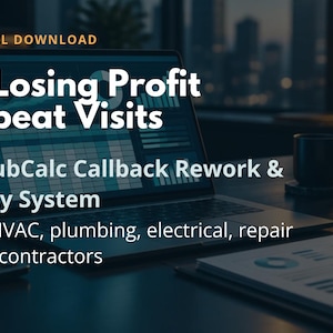 May include: An Excel digital download titled Stop Losing Profit to Repeat Visits, featuring the SmartHubCalc Callback Rework & Warranty System for HVAC, plumbing, electrical, repair, and service contractors, displayed on a laptop screen.