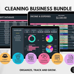 May include: A digital cleaning business bundle featuring a dashboard, client database, and income and expense tracker. The interface uses a dark mode theme with pink, teal, and orange accents. Six circular icons represent dashboard features.