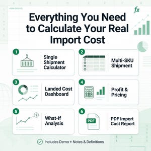 May include: An infographic titled Everything You Need to Calculate Your Real Import Cost. It features six numbered sections with icons: Single Shipment Calculator, Multi-SKU Shipment, Landed Cost Dashboard, Profit & Pricing, What-If Analysis, and PDF Import Cost Report.