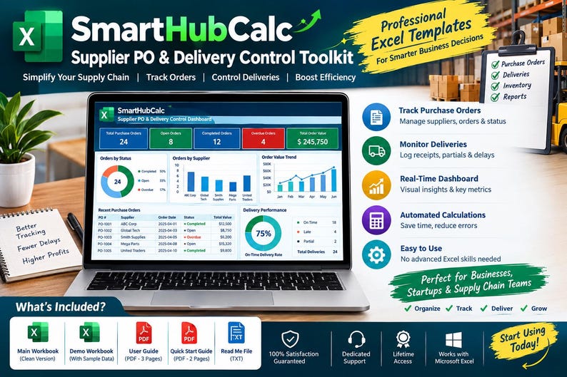 Purchase Order Tracker Excel Template, Supplier Management & Delivery ...