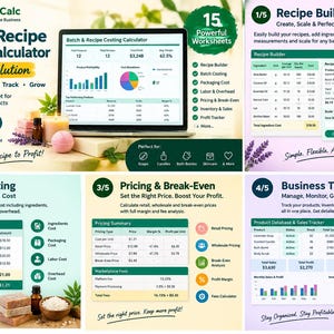May include: A digital Batch & Recipe Costing Calculator spreadsheet for handmade businesses. The interface displays 15 worksheets including recipe builder, true costing, pricing, break-even analysis, and business tracking with charts and data tables.