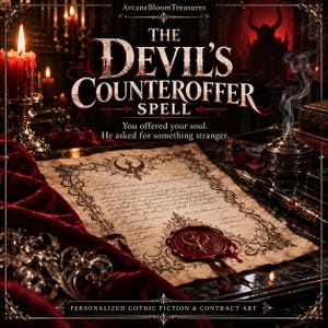 May include: A parchment document titled The Devil's Counteroffer Spell with the text You offered your soul. He asked for something stranger. The paper features ornate black borders, a red wax seal, a fountain pen, and a burning red candle.