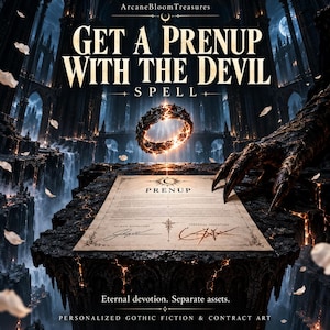 May include: A digital art piece titled Get a Prenup with the Devil Spell by ArcaneBloomTreasures. It features a glowing ring floating above a parchment document labeled Prenup with two signatures, set against a dark, gothic, cavernous background.