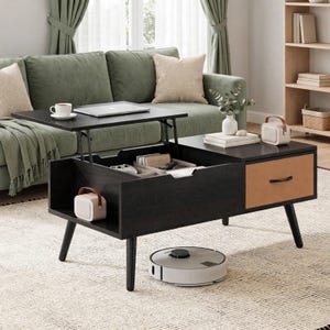 May include: A black lift-top coffee table with a wood grain finish, featuring a single drawer with a tan front panel, an open storage compartment, and four tapered legs. The top is elevated, revealing an interior storage area.