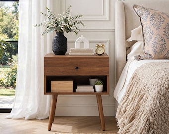 Hidden Compartment Furniture, Walnut Nightstand Set of 2, Mid Century Bedside Table with Drawer, Secret Storage, Gift for Home