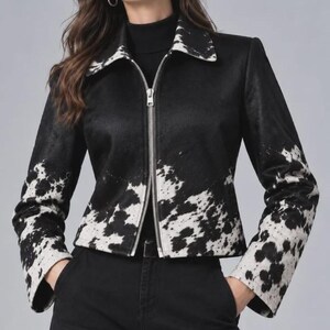 Hair On Hide Leather Jacket, Zip Front Cropped Biker Style