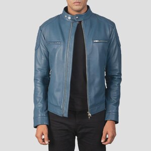 Chaqueta de cuero azul Gatsby para motociclistas, exterior de piel de oveja semianilina, forro acolchado de poliéster.