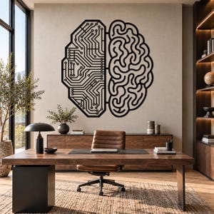 May include: A black wall-mounted metal art piece shaped like a human brain. The left side features a geometric circuit board pattern with straight lines and nodes, while the right side displays organic, flowing, and interconnected brain folds.