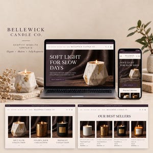 May include: A Shopify website template for Bellewick Candle Co. displayed on a laptop and smartphone, featuring product collections, candle imagery, and text including Soft Light For Slow Days and Our Best Sellers.