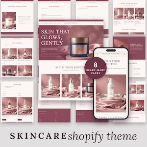 May include: A digital display of a Shopify website theme for Maison Solène skincare, featuring multiple web page layouts, product images of jars and bottles on pink fabric, and a mobile phone screen showing a skincare routine page.