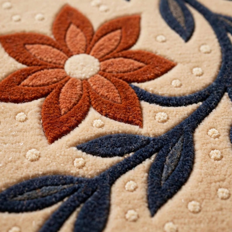 Handmade Hand Tufted Wool Floral Runner Rug, Navy Blue Cream & Rust ...