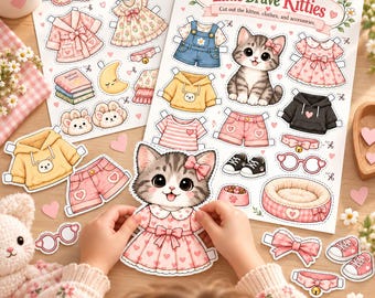 Peut inclure: Un ensemble de poupées en papier intitulé Little Brave Kitties comprenant un chaton de dessin animé, diverses tenues dont des robes, des sweats à capuche et des shorts, ainsi que des accessoires comme des lunettes, des nœuds et un panier.