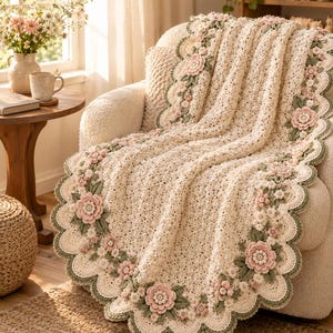 May include: A cream-colored crochet blanket featuring a scalloped edge border decorated with three-dimensional light pink flowers and sage green leaves. The central portion of the blanket has a textured, repeating stitch pattern.
