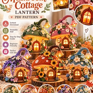 Crochet Mushroom Cottage Lantern, LED Fairy House, Fall Decor (PDF Pattern)