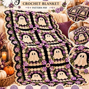May include: A crochet blanket pattern PDF titled Ghost & Bloom featuring a repeating square motif design. Each square displays a cream-colored ghost surrounded by purple flowers and green leaves on a black background with a scalloped cream border.