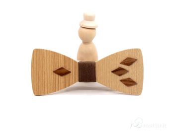 Asymmetrical and unique bow tie made of ash, olive, and walnut diamonds