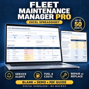Op de afbeelding: Een digitaal Fleet Maintenance Manager Pro Excel-spreadsheet op een laptopscherm, met tools voor activabeheer, service-waarschuwingen, brandstofkosten en reparatie- versus vervangingsanalyses voor maximaal 50 activa, beschikbaar als digitale download.