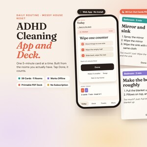 May include: A digital interface for an ADHD cleaning app and a set of printable cut-out cards. The screen displays a task list titled Wipe one counter with a Done button. Two cards show instructions for cleaning a bathroom and making a bed.
