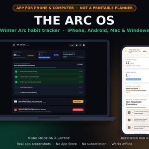 Puede incluir: El rastreador de hábitos digital The Arc OS mostrado en la pantalla de una computadora portátil y un teléfono inteligente. La interfaz presenta temas oscuros y claros con barras de progreso, contadores de rachas y listas de tareas diarias.