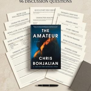 May include: The Amateur book club discussion kit includes 96 discussion questions, a hosting guide, character analysis sheets, debate cards, a story timeline, a truth tracker, and a scorecard. A black pen and a grey notebook are also included.