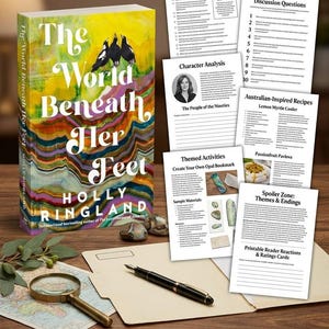 May include: A book club kit for The World Beneath Her Feet by Holly Ringland, featuring a book cover with colourful abstract layers, a fountain pen, a magnifying glass, and several printable pages including a host guide, discussion questions, and recipes.