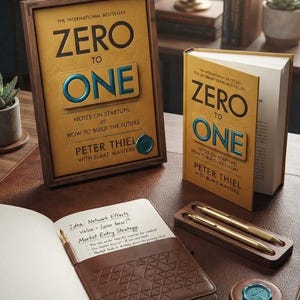 May include: A framed book titled Zero to One by Peter Thiel with Blake Masters, a matching hardcover book, and an open brown leather notebook with geometric patterns. The notebook contains handwritten notes about network effects and market entry strategy.