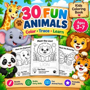 Dierenkleurboek voor kinderen, 30 pagina's met oefeningen om over te trekken en leuke weetjes, 3-7 jaar (PDF)