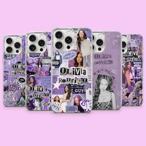 May include: Five phone cases featuring purple collage designs with various photographs of Olivia Rodrigo, text including "Olivia Rodrigo" and "Sour," star graphics, and camera cutouts. The designs incorporate multiple images of the artist in different poses, layered with purple-toned patterns, text, and decorative elements on each case.
