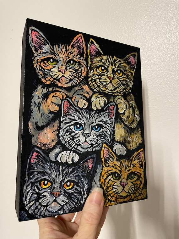6x8” Troupe of Tabby Cats Wonderful Tabby Cat painting by Tracy Levesque