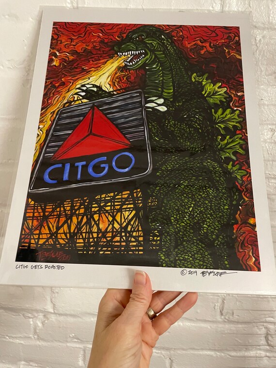11x14” Boston Monsters Print Citgo Gets Roasted by Firebreathing Dragon Boston Citgo Sign Monster Print by Tracy Levesque
