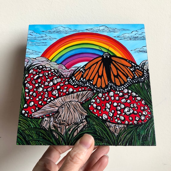 6x6” Monarch Butterfly Rainbow with Magic Mushrooms original acrylic painting by Tracy Levesque