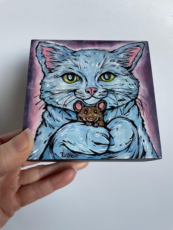 4x4” Adorable white cat holding a mouse happy cat painting by Tracy Levesque
