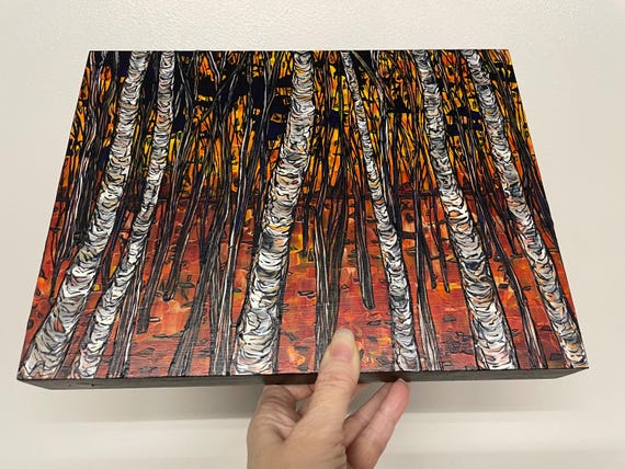 9x12” Deep Forest Autumn Trees Birch New England Fall Foliage painting by Tracy Levesque
