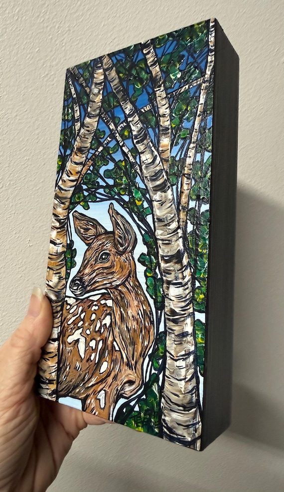 4x8” Fawn Deer in the Birch Trees Painting by Tracy Levesque