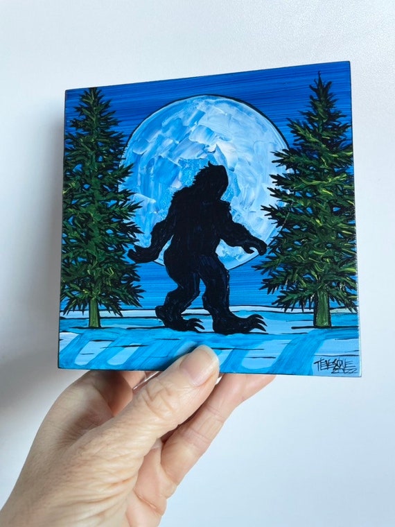 5x5"  Bigfoot Taking a Walk in the Woods  whimsical painting by Tracy Levesque