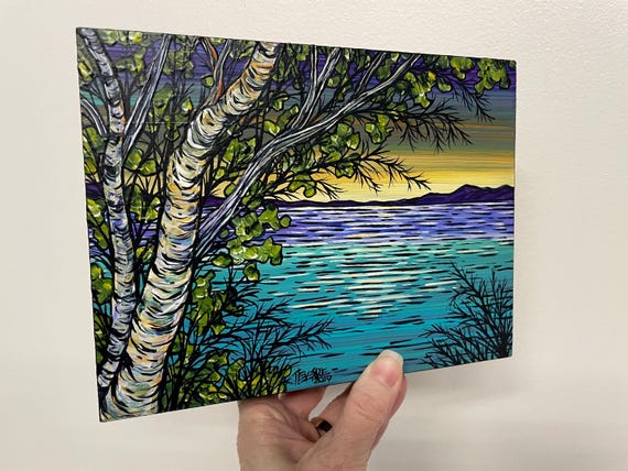 6x8” Dawn Glow Birches Sunrise on the Lake Birch Tree original acrylic painting by Tracy Levesque