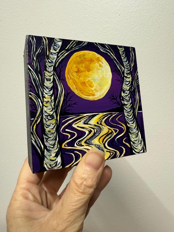 4x4" Golden Moon Purple Sky Birch Trees Lake Scene Gold qnd Purple 4 Lovely Night Sky painting by Tracy Levesque