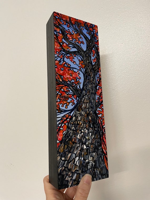 4x12” Long Sugar Maple Tree Trunk Looking Up the Tree Trunk Fall Tree original acrylic tree painting by Tracy Levesque