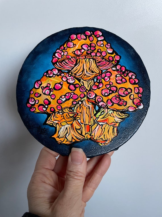 6” Round UV Reactive Fluorescent Neon Mushroom Trio Fungi Original Acrylic painting by Tracy Levesque