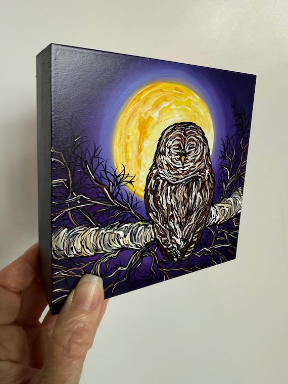 5x5” Gorgeous Full Moon Sleepy Barred Owl Night painting by Tracy Levesque