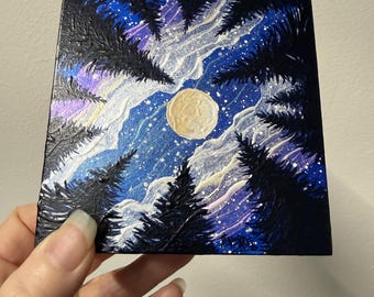 Night Trees Full Moon Painting Milky Way Art (4x4”)