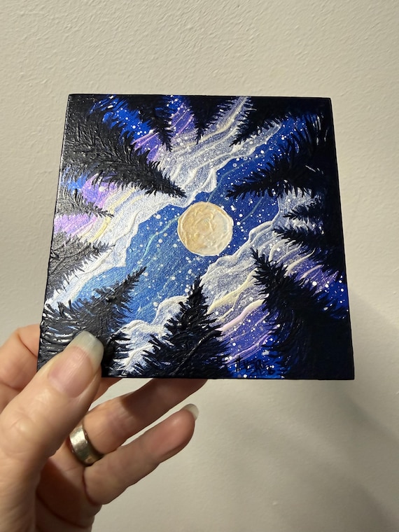 Night Trees Full Moon Painting Milky Way Art (4x4”)