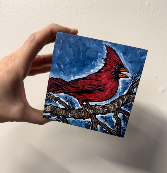 4x4” Chatty Red Cardinal Painting Bird Painting Original Art by Tracy Levesque