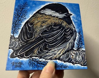 Black-capped Chickadee Acrylic Painting: Original Bird Artwork (5x5")