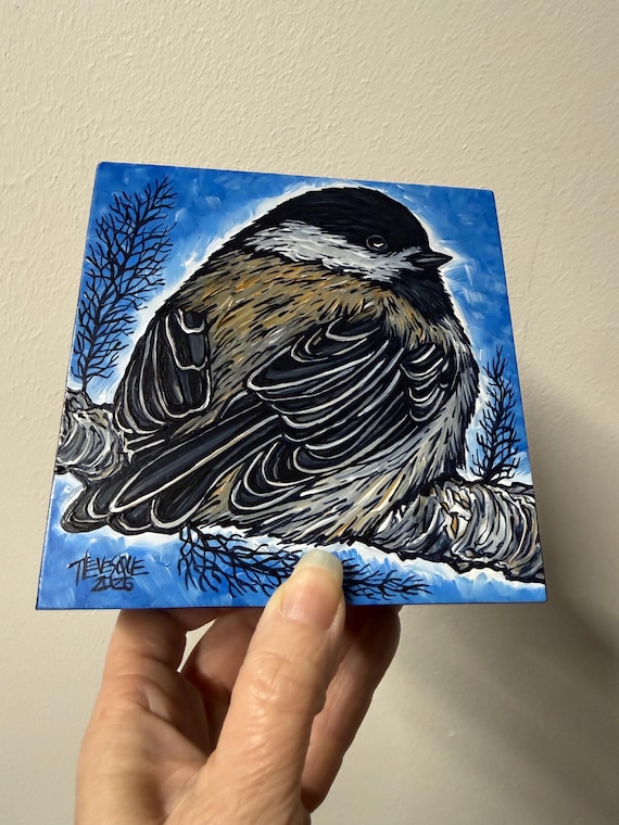 Cute Chickadee Acrylic Painting: Black-capped Chickadee Artwork (5x5”)